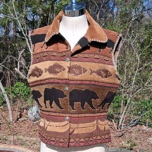 Vintage Deborah Murray tapestry vest, suede collar, bear & fish print, Sz L